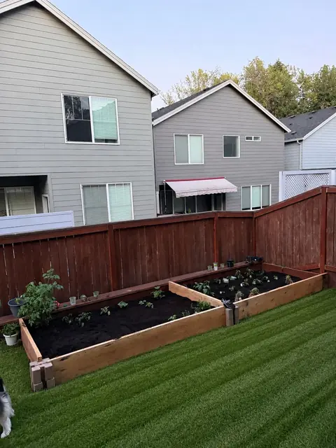 A cedar raised garden bed along a fence, planted, next to a freshly mowed lawn